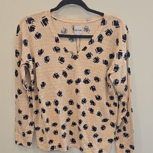NIC+ZOE Beige V-Neck Long Sleeve Top with Navy Abstract Motif